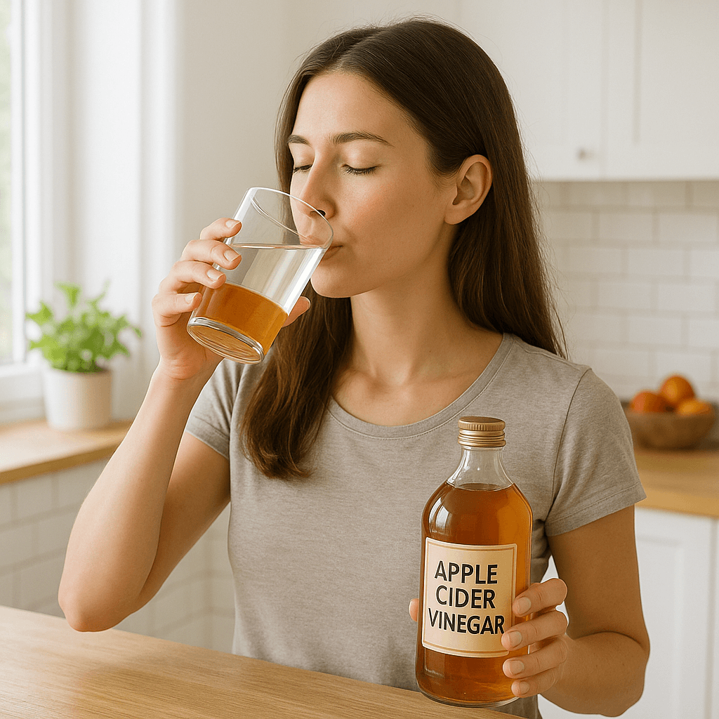 건강한 여성이 부엌에서 애플사이다비네거를 물에 타서 마시는 모습