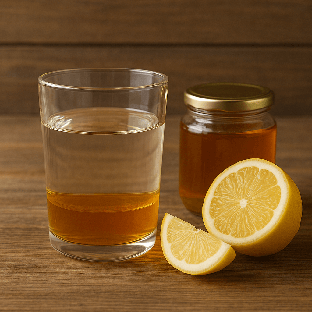투명한 유리컵에 물과 애플사이다비네거가 들어있고, 옆에 꿀과 레몬이 있는 모습